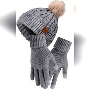 Pom Pom Grey Beanie Winter Hat Glove Set Touchscreen ✔️
